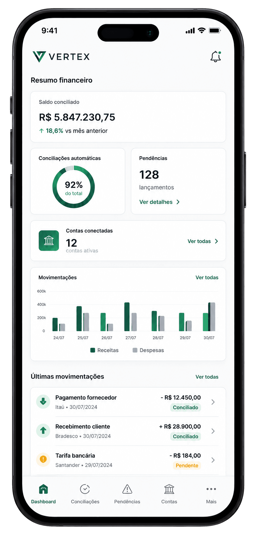 App Vertex no celular mostrando saldo conciliado, conciliações automáticas e pendências